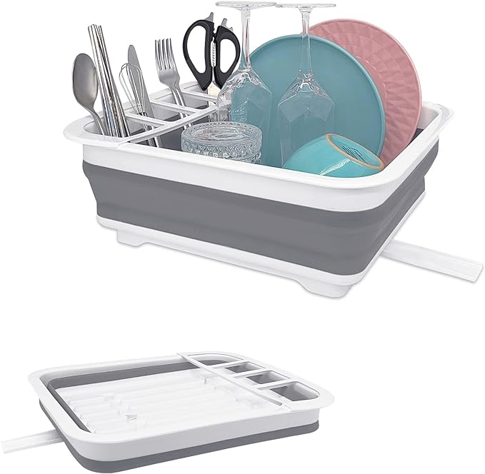Foldable Dish Drying Rack with Drain Plug and Swivel Spout - Lightweight, Compact and Space-Saving Dish Drainer Organizer for Kitchen, RV, Campers and Travel Trailers