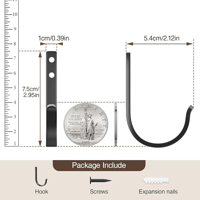 10-Pack Wall Hooks for Hanging Towel/Coat - 22LB Screw in Metal Hanger Wall Mount, for Outdoor, Closet, Door, Bathrooms, for Backpack, Robe, Black