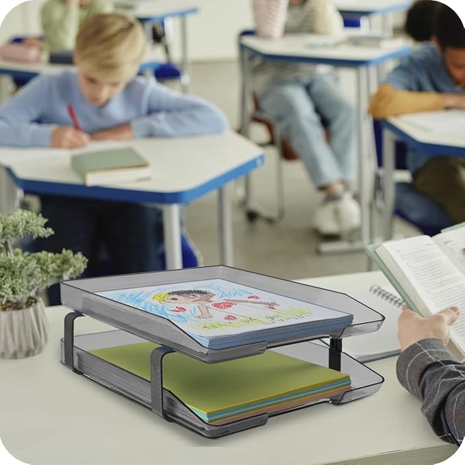 Acrimet Traditional 2 Tier Letter Tray, Front Load Design, A4 Letter Size, Desktop Organizer (Plastic) (Smoke Color)-NeatNest