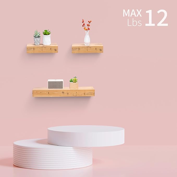 Floating Wall Shelves Set of 3 – MDF Wood Wall Mounted Shelf for Living Room, Bedroom, Bathroom, Office – Decorative Storage Racks for Plants, Photos, Books (Natural Wood, Large Set)