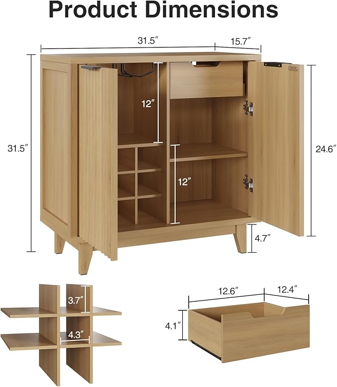 Fluted Coffee Bar Cabinet with Storage, Modern Sideboard Buffet Cabinet with Removable Wine Rack, Drawer, Adjustable Shelf, Natural Liquor Cabinets for Living Room, Dining Room, Kitchen, Entryway