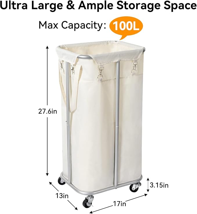 WOWLIVE 100L Rolling Laundry Hamper with Wheels Large Basket Organizer Laundry Cart with Steel Frame and Removable Bag Foldable Tall Dirty Clothes Hamper Dorm Room Storage for Bedroom (Light Beige)