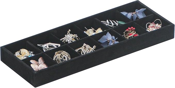 2Pcs Desk Drawer Storage Tray, Nightstand Organizer Tray, Necklace Bracelet Ring Earring Jewelry Display Tray, Grid Table Organizer Holder Tray for Sunglass, Phone, Watch, Perfume (12 grid)/Black-NeatNest
