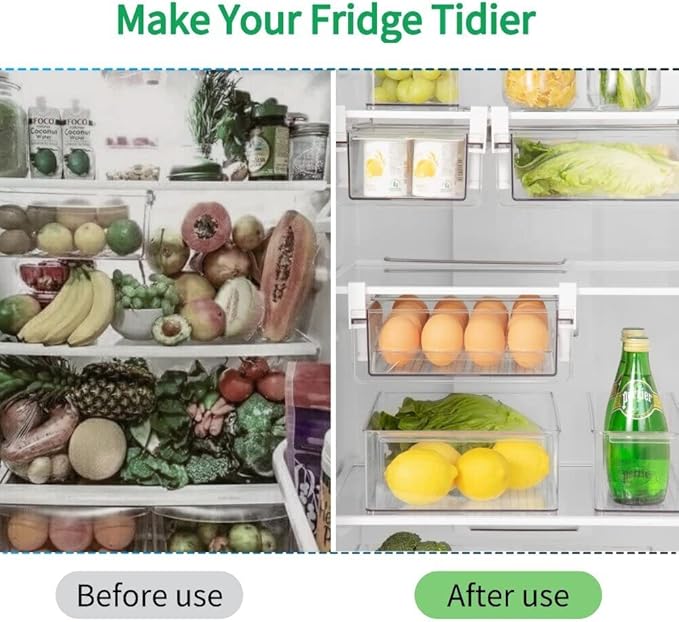 vacane Refrigerator Organizer Bins, Clear Plastic Fridge Drawer With Handle Pull Out Fridge Drawer Organizer Under Shelf Drawer For Cheese, Deli Meat, Drinks, Fruit, Vegetable, Heavy Duty-M