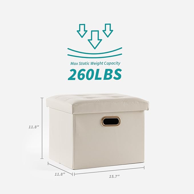 2 Pack Folding Storage Ottoman, 16 inch PU Leather Small Ottoman with Storage Foldable, Set of 2 Faux Leather Foot Stool Support 260lbs for Living Room, Bedroom, Hallway, Cream