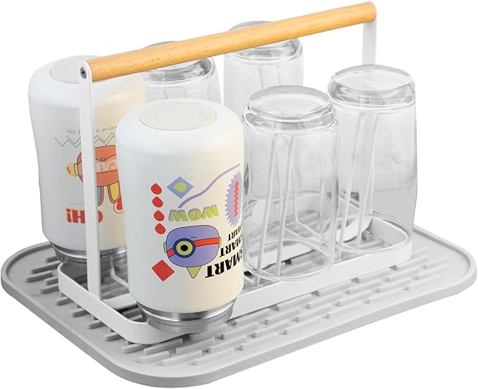 Cup Drying Rack Stand, 6 Cup Metal Drainer Holder Rack Non-Slip Mugs Cups Organizer with Wood Handle, White-NeatNest