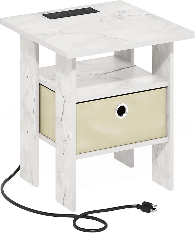 Furinno Andrey USB and Type-C Port Charging Station End Table with Storage Bin, 15.55 (W) x 12.56 (H) x 8.5 (D) inches, Marble White/Ivory