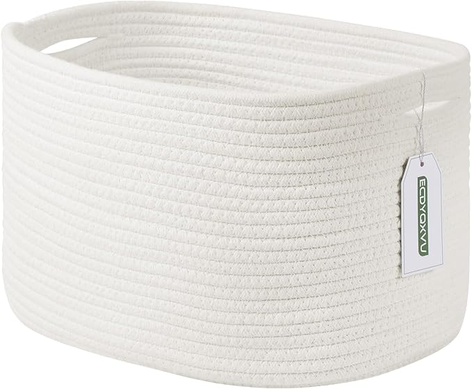 Cotton Rope Storage Basket, 15x10x9 Inches, Woven Basket for Shelves, Clothes, Toys, Towels, Books, and Laundry, Durable and Stylish, White (1 Pack)-NeatNest
