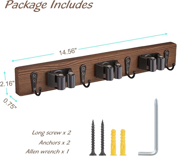 Mop Broom Holder Wall Mount with 3 Slots & 4 Hooks - Wood Broom Mop Hanger for Pantry Kitchen Organization - Garden Tool Organizer for Closet Laundry Room - for Rustic Farmhouse Kitchen Decor-NeatNest