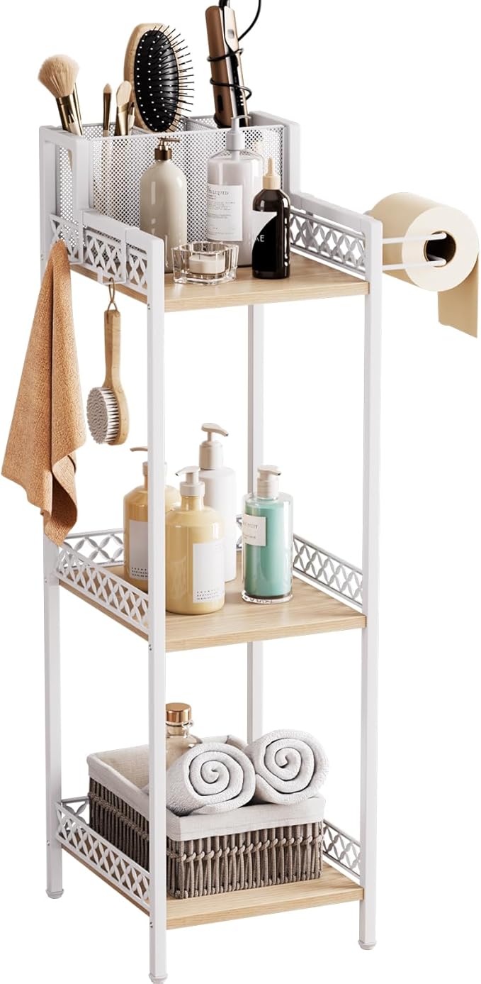 Bathroom Storage shelvesHair Dryer Holder 9.85in White, 3-Tier Narrow Metal Standing Rack with Toilet Paper Holder Cabinet, Multifunctional Corner Unit Stand for Cosmetic Curling Irons Tower-NeatNest