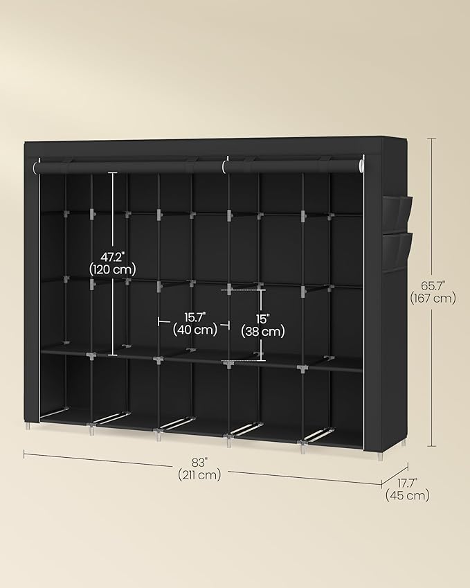 SONGMICS Portable Closet, Wardrobe Closet Organizer with Cover, 5 Hanging Rods and Shelves, 4 Side Pockets, 17.7 x 83 x 65.7 Inches, Large Capacity for Bedroom, Living Room, Ink Black URYG095B01-NeatNest