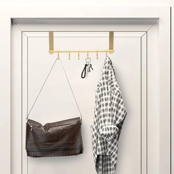 Over The Door Hooks Door Hanger, Moving 6-Hooks Over Door Coat Rack for Hanging, Aluminum Heavy Duty Door Organizer for Towel Robe Hat Bag, Behind Back of Door Bathroom (Gold)