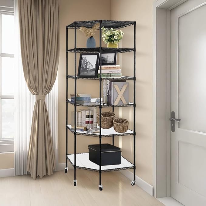 6 Tier Corner Wire Shelving Unit, Adjustable Wire Shelf with Wheels, Metal Storage Shelves and Racks for Kitchen, Bathroom, Laundry, Pantry, Closet (27" D x 27" W x 71" H, Black)