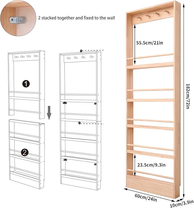 Wooden 5 Tiers Kids Bookshelf, Wall Mount Shelf with Hooks, Organizer for Toys and Books (Nature)