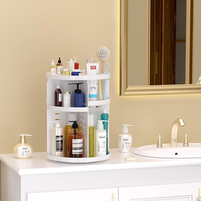 Makeup Organizer 360 rotating, Adjustable Skincare Organizers with Brush Holder, Cosmetics Display Cases for Vanity Bathroom Countertop Large Capacity Carousel Make up Caddy Shelf (White)-NeatNest