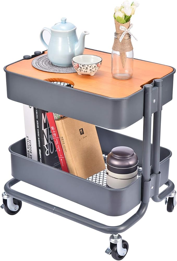 2-Tier Metal Utility Rolling Cart Storage Side End Table with Cover Board for Office Home Kitchen Organization, Dark Gray