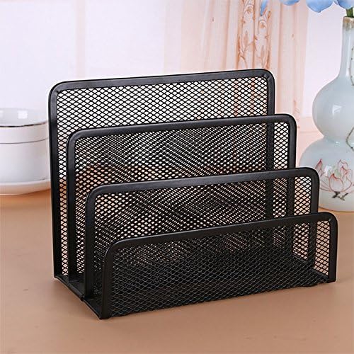 EASEPRES Desk Mail Organizer, Office Small Desktop Metal Mesh Envelope Letter Sorter Paper File Holder Organizer with 3 Vertical Upright Compartments, Black 2 Pack