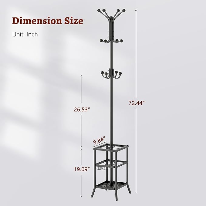 FAVOOSTY Coat Rack Freestanding,Coat Rack Stand with Umbrella Holder,Metal Coat Tree with 12 Hooks,Tree Clothes Hat for Entryway, Hallway, Bedroom, Living Room & Office -Black-NeatNest