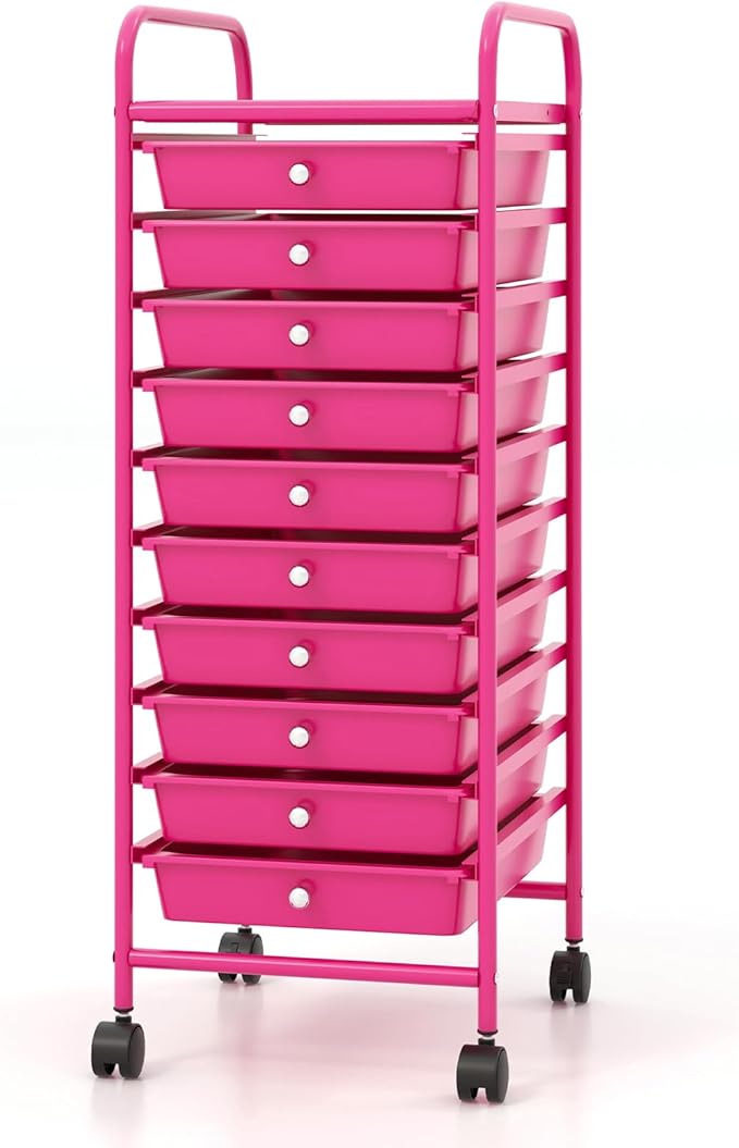 Giantex 10-Drawer Storage Cart w/Universal Wheel, Rolling Cart w/Handle, Home Organizer Storage Unit w/Removable Drawers, Trolley Utility Cart for Kitchen Makeup Living Room Office Play Room, Hot Pink