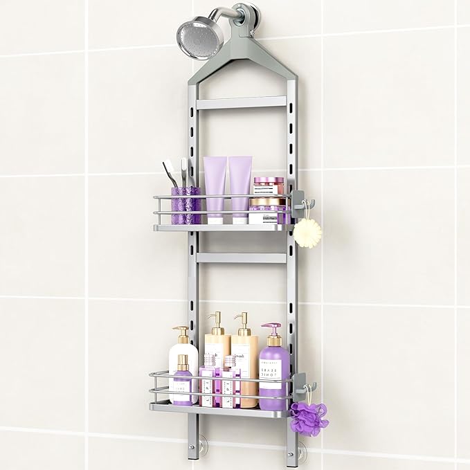ODesign 2 Tier Height-Adjustable Shower Caddy Hanging Anti-Swing-Over The Shower Head Caddy-Storage Organizer Bathroom Shelves Basket-Silver