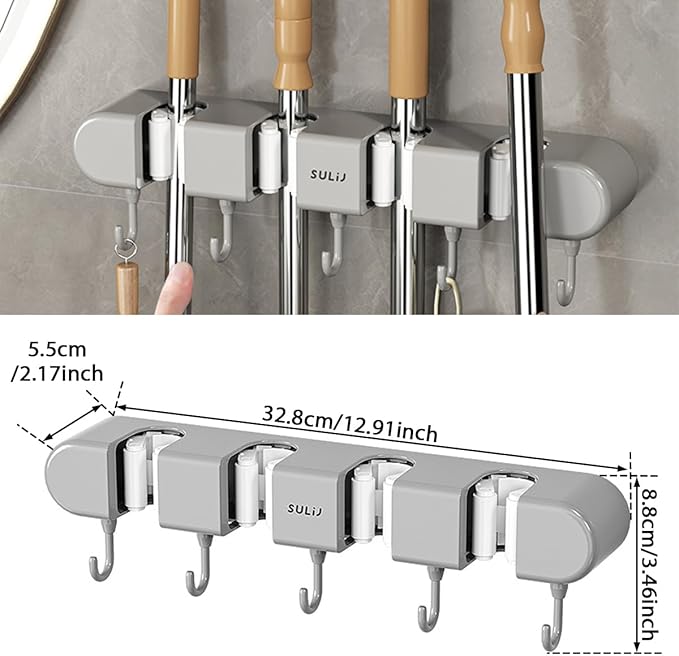 2Pcs Broom Mop Holder with Hooks Wall Mounted Broom Storage Rack No Drilling Self-Adhesive Mop Broom Organizer Mop Holder Hanger for Bathroom Office Kitchen Closet Garage,Grey (2)-NeatNest