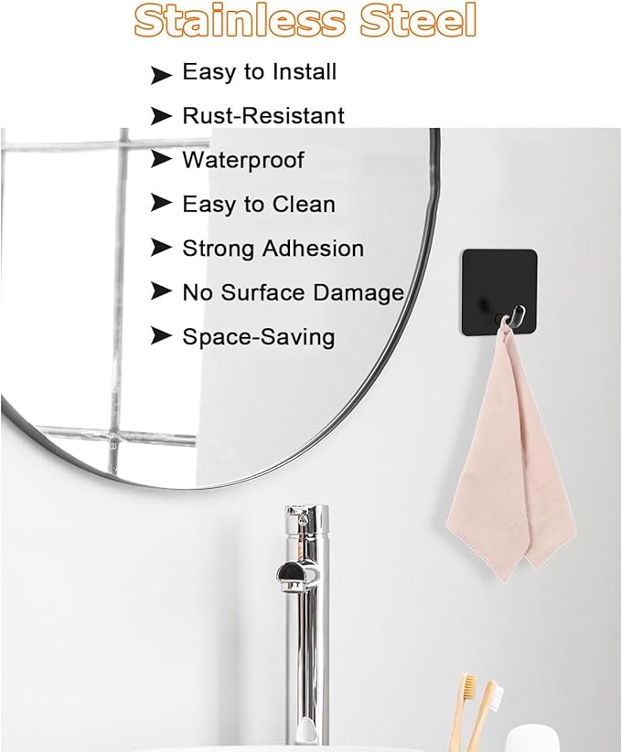 Adhesive Towel Hooks for Bathrooms, 8 Piece Towel Hooks for Hanging Hat Robe Coat, Stick on Hooks for Kitchens, Strong Self-Adhesive No Damage Sticky Hook, Black