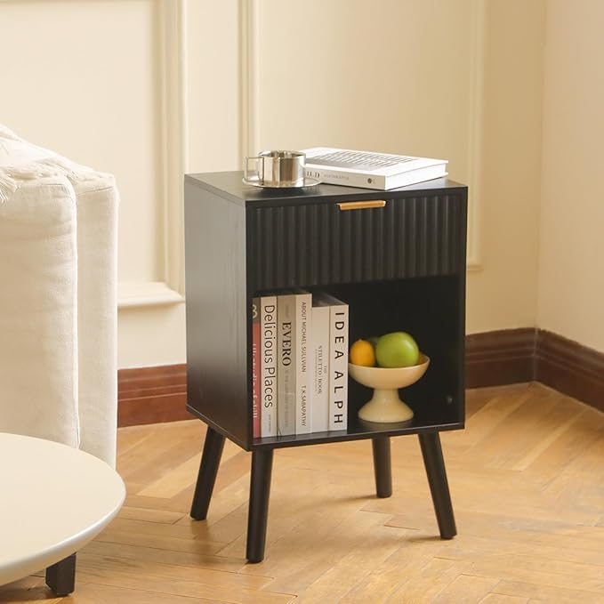 Fluted Black Nightstand with Charging Station, Mid Century Modern Bedside Table with Drawers and Outlet,Side Tables Living Room, Wooden Night Stand for Bedroom, Office (Black)