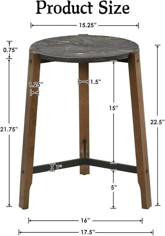 CIMOTA Round Side Table, 22.5" End Accent Table with Solid Wood Leg, Black Marble Texture Tabletop, Metal Beam, Round Nightstand for Small Spaces/Living Room/Bedroom, Black-NeatNest