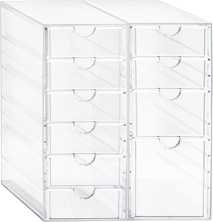 Prsildan Acrylic Drawer Makeup Organizer with 10 Drawers, Set of 2 Office Desk Organizers Accessories, Clear Stackable Storage Drawers for Vanity, Countertop, Craft, Jewelry, Art Supply Organization-NeatNest