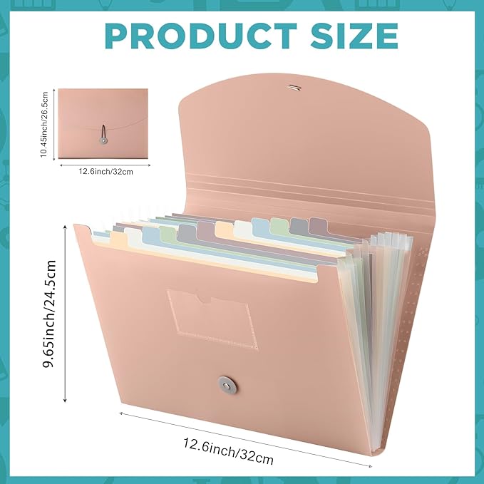 Cholemy Expanding File Folder 13 Pockets File Organizer with Labels A4 Letter Size Receipt Document Organizer Plastic Expandable Filing Folders for Office, Home(Pink)