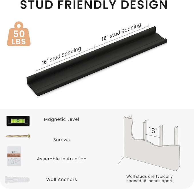 Floating Shelves for Wall, 36 inch Solid Wood Picture Ledge Shelf, Picture Shelf for Wall with Ledge, Floating Book Shelves for Living Room Bedroom Kitchen Nursery Decor, Black, Set of 2-NeatNest