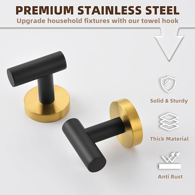 APLusee Robe Towel Hook 2 Pack Black Gold, 304 Stainless Steel Coat Hook, Bath Towel Hanger Wall Mounted