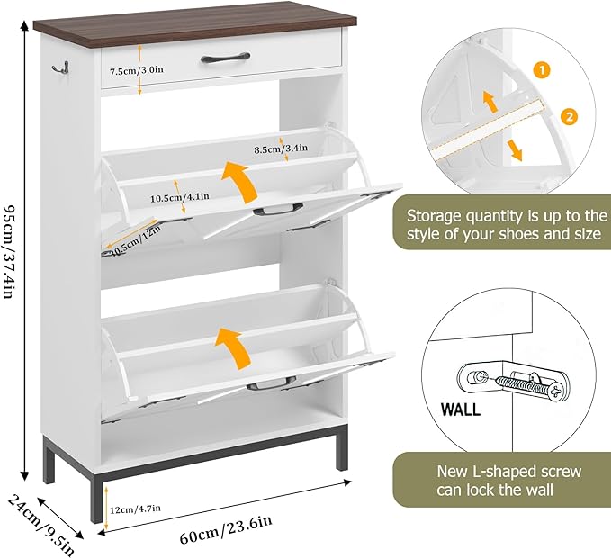 Shoe Storage Cabinet with 2 Flip Drawers, Narrow Shoe Cabinet for Entryway with 1 Top Drawer, Freestanding Hidden Shoe Rack Cabinet with Metal Legs for Foyer, Hallway (White)-NeatNest