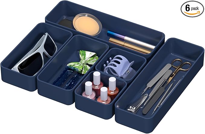 CHANCETSUI 6 PCS Stackable Drawer Organizers Set, Versatile Desk and Vanity Drawer Organizer Trays, Storage Bins for Makeup, Bathroom, Bedroom, Kitchen and Office, Blue-NeatNest