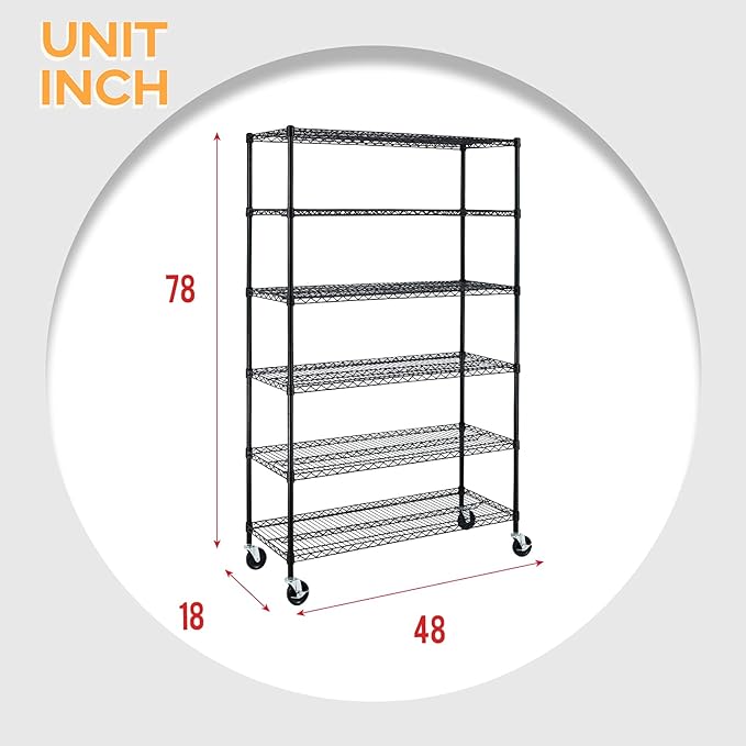 BestOffice NSF Wire Shelving Unit 6-Shelf Large Storage Shelves Heavy Duty Metal Wire Rack Height Adjustable Commercial Grade Utility Storage Rack on 4" Casters 6000LB Capacity 18x48x76,Black-NeatNest