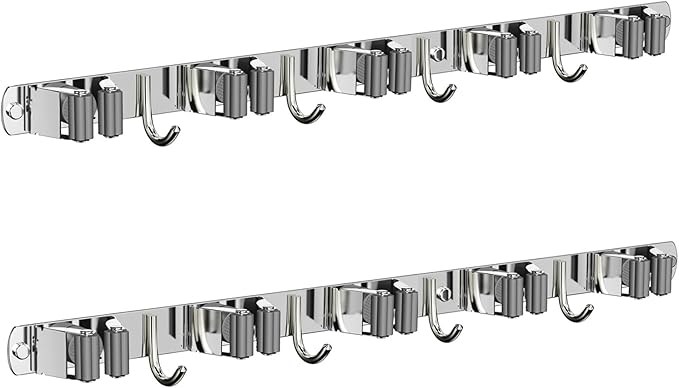 2 Pack Mop and Broom Holder Wall Mount, Non-slip Broom Hanger Wall Mount, Heavy Duty Mop Broom Organizer for Kitchen Garden Garage Laundry Room Wall Decor Organization and Storage Silver 5R4H-NeatNest