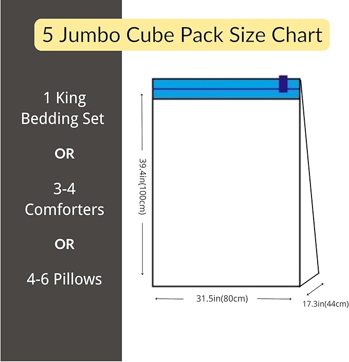 5 Jumbo Cube Vacuum Storage Bags, Supersized Square Bottom Design Compression Space Saver Bags for Comforters, Blankets, Duvets and Clothes, Durable Seal, Puncture Resistant, Hand Pump Included-NeatNest