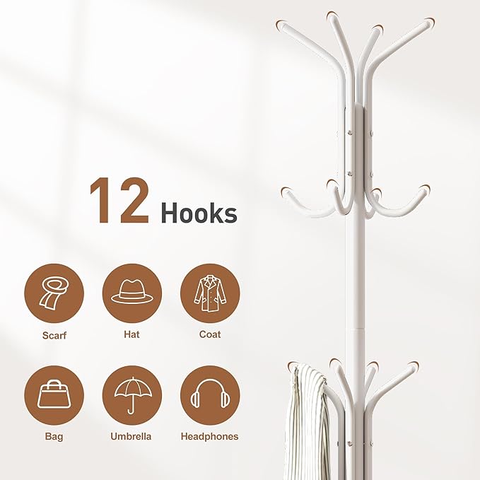 FILWH Coat Rack Freestanding Coat Tree Standing Hat Hanger Jacket Organizer Rack Metal,18.3" L x 18.3" W x 71.5" H,White-NeatNest