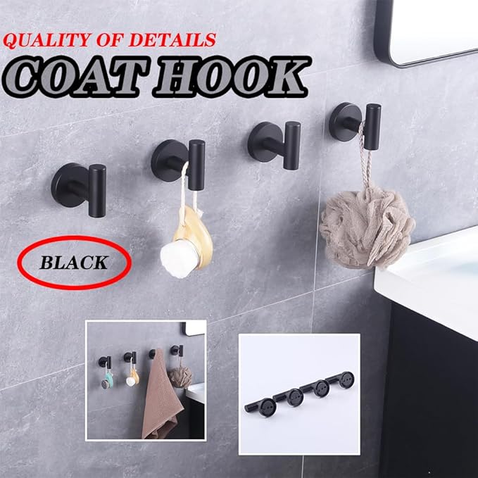 GERZWY Bathroom Matte Black Coat Hook SUS 304 Stainless Steel Towel/Robe Clothes Hook for Bath Kitchen Modern Hotel Style Wall Mounted 4 Pack AG1307B-BK