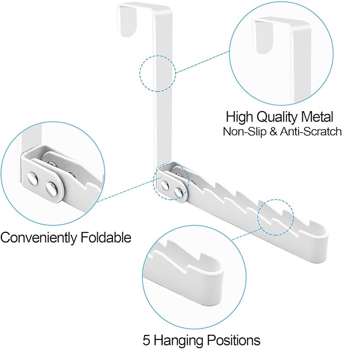 2 Pack Over The Door Hooks Hanger, Sturdy Foldable Over Door Drying Rack for Clothes, Coats, and Towels, Bedroom Bathroom, White
