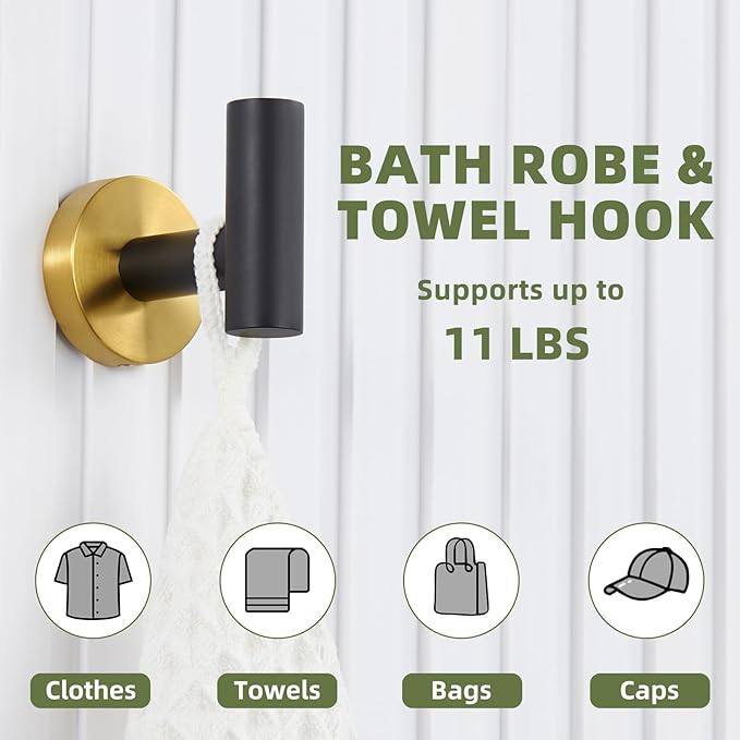 APLusee Bathroom Towel Hook Black & Gold, SUS 304 Stainless Steel Modern Robe Hook for Home Storage, Towel Hanger Wall Mounted