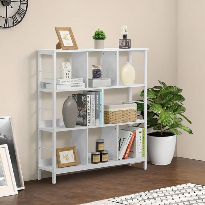 CAPHAUS 8 Cube Storage Organizer, 40” Wide 3 Tier White Industrial Open Shelf Bookcase, Display Shelf, Horizontal Bookshelf with Metal Frame, Wooden Board, for Living Room, Bedroom, Office-NeatNest