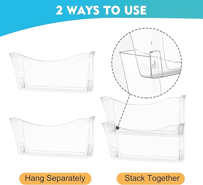 EASEPRES 4 Pack Clear Single Pocket Hanging File Organizer, Plastic Wall Mount Paper Mails Magazines Holder, Mounted Folder Bins for Office, School and Home, 13.85x3.14x6.88 inches