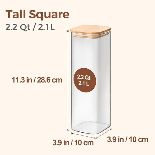 ComSaf Glass Spaghetti Pasta Storage Containers with Lids 2.2 Qt Set of 3, Tall Clear Airtight Food Storage Jar with Lid for Noodles Flour Oat Cereal Sugar Beans, Sqaure Spaghetti Pantry Containers-NeatNest