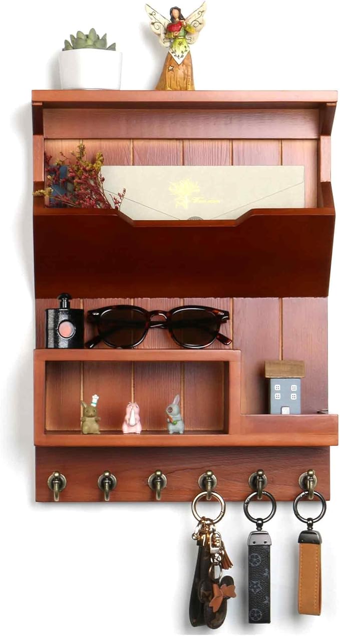 DOPACE Key Holder for Wall, Mail Organizer Wall Mounted, Mail and Key Organizer with 6 Key Hooks for Entryway and Home Decor, Auburn
