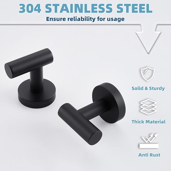 APLusee Matte Black Round Coat Hook 2 Pack, 304 Stainless Steel Bathroom Towel Hook, Wall Mounted