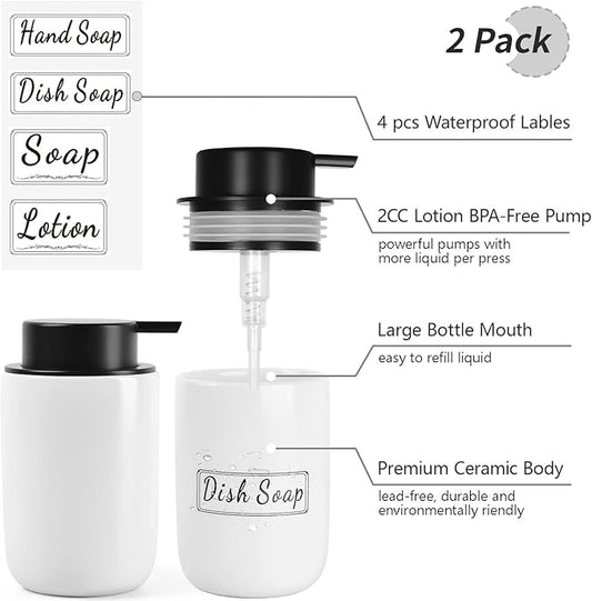 BosilunLife White Soap Dispenser Set - 2 Pack 12oz Ceramic Dish Soap Dispenser with Rust Proof Pump for Kitchen, Hand Soap and Lotion Set Suitable for Farmhouse Bathroom Decor with Waterproof Labels-NeatNest