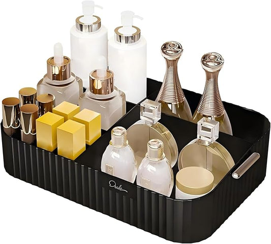 DASITON Large Capacity Makeup Organizer,12 Slots Makeup Brush Holder,Makeup Storage with Handle,Vintage Striped Cosmetic Organizer for Bathroom Countertops,Desk Storage Container(Black)-NeatNest