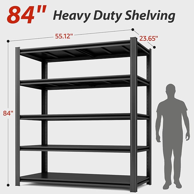 84" H x 55.12" W 5 Tier Metal Garage Shelves, 3000 LBS Heavy Duty Adjustable Storage Shelving Unit for Warehouse, Basement, Kitchen, Store Display, Flower Stand, Office, Classroom, 23.62" D-NeatNest