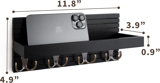 Black Wooden Key Holder - Wall Mounted Mail Organizer and Key Hanger - Modern Farmhouse Entryway Shelf with 4 Double Brass Hooks - Decorative Rack for Car Keys, Wallet-NeatNest